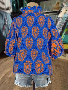 Franclia 大码女式度假泡泡袖V领休闲印花衬衫，春夏款 - 彩色 - 查看 2