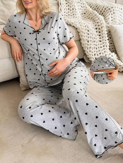 SHEIN 2pcs Casual Heart Print Bow Tie Pullover Short Sleeve Top And Pants Maternity Pajamas Set, Comfortable For Home Wear