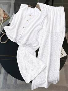 GlowEve Women's Spring/Summer New Crochet Lace Hollow Out Knitted Pants Two Pieces Set (Random Floral Pattern) - White - View 3