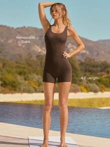 4.3" FeatherFit™ Sculpt & Flow Buttery-Soft Sweat-Wicking Stretchy Tummy Control Removable Cups Side Pockets U-Back Bodysuit Romper Low Impact Yoga Pilates Studio Gym Workout Daily Wear - Brown - View 3