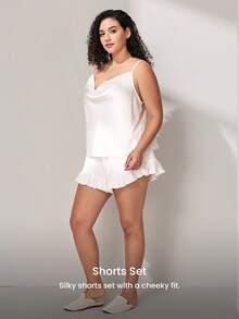 LUVLETTE Summer Sweet Feminine Plus Size Satin Pajama Set - Cowl Neck Camisole & Ruffled Shorts Soft Romantic Lounge Wear Wedding Items Bride Pajamas Set - White - View 2