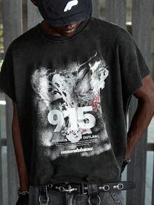 NEON BLANC Camiseta casual holgada para hombre, negra, con estampado gráfico lavado - Negro - Ver 5