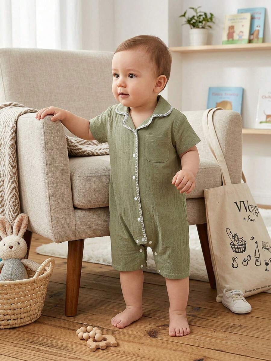 Infant/Toddler Boys' Elegant Minimalist Short Sleeve Shorts Set, Soft Washed Textured Fabric, Comfortable & Skin-Friendly, One-Piece Jumpsuit Design Baby Clothes Sage Green Baby Romper Baby Short Sleeved Romper Baby Boy Summer Romper Unisex Baby Clothes - Dark Green - View 1