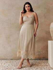 Anewsta Chân váy satin viền ren thanh lịch dành cho nữ cỡ lớn mùa xuân hè, kiểu dáng tối giản, đa năng, thích hợp cho công sở và đi làm. - Màu be - Xem 5