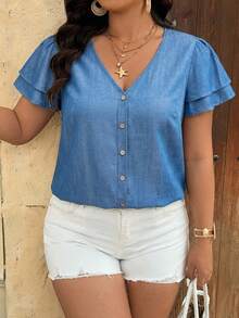 SHEIN VCAY 大码女式V领单排扣休闲百搭日常衬衫 - 藍色 - 查看 4