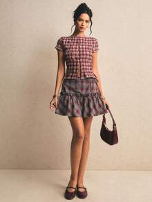 Poéselle 女士格子百褶休闲百搭日常迷你裙 - 紅色 - 查看 7