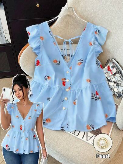 GlowEve CURVE Áo sơ mi voan in hoa cỡ lớn dành cho nữ, kiểu dáng thường ngày, không cài cúc phía trước, phù hợp cho mùa xuân, hè và thu.