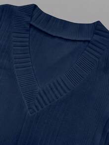 INAWLY Women's V-Neck Asymmetrical Ribbed Casual Short Sleeve T-Shirt - Navy Blue - View 4