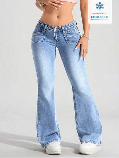 SHEIN EZwear Damskie jeansy dzwony z niskim stanem i spranym wykończeniem