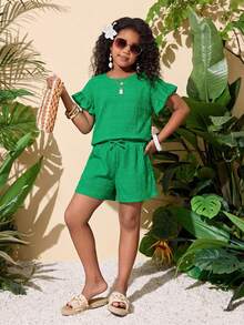 2pcs Tween Girls Casual Vacation Set: Short Sleeve Top & Elastic Waist Shorts - Green - View 3