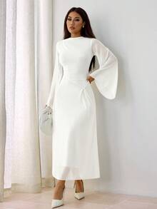 SHEIN PETITE 不对称下摆，喇叭袖，优雅褶皱领口中长连衣裙，浅黄色，娇小码高级款 - 白色 - 查看 7