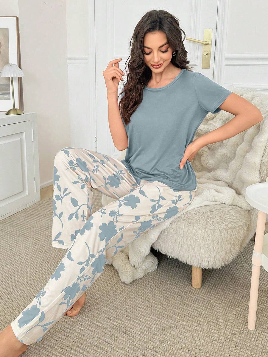 Contrast Color Casual Print Short Sleeve & Pants Women Pajama Set - Baby Blue - View 1