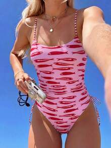 SHEIN Swim Mod Women's Sweet Printed Spaghetti Strap One-Piece Swimsuit, Suitable For Beach And Seaside, Spring/Summer - Multicolor - View 1