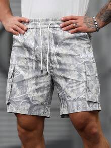 Manfinity LEGND 新款夏季男士迷彩树纹工装短裤，多口袋休闲工装裤，时尚百搭 - 卡其色 - 查看 4