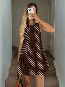 Easowa 女士休闲无袖棕色波点A字连衣裙，带绗缝口袋，优雅度假装扮，复古奢华风格 - 彩色 - 查看 3