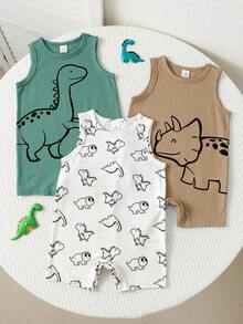 SHEIN Bộ 3 món áo liền quần không tay họa tiết hoạt hình sọc dễ thương cho bé trai sơ sinh mùa hè - Nhiều màu - Xem 3
