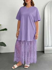 SHEIN Essnce 女士大码长裙，假两件式连衣裙，蕾丝拼接连衣裙，透视连衣裙，白色连衣裙，夏季连衣裙，毕业礼服，生日礼服，节日连衣裙，白色连衣裙，优雅高贵 - 紫丁香色 - 查看 6