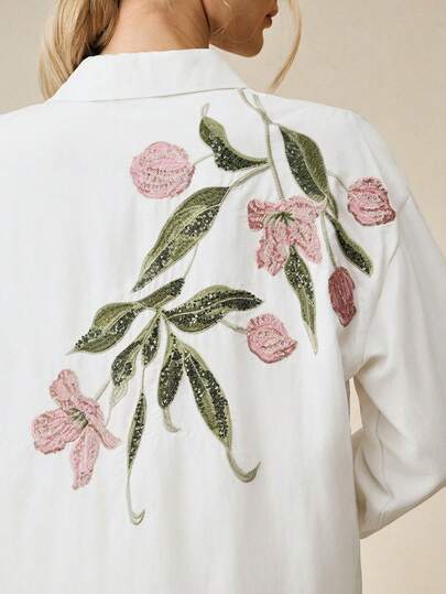 Anewsta Áo kiểu tay dài thêu hoa đính cườm, thanh lịch, phong cách thường ngày, thích hợp cho mùa xuân/hè, dành cho nữ.