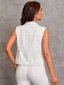 EMERY ROSE EMERY ROSE Women's Solid Color Single-Breasted Casual Versatile Denim Vest Jacket - White - View 3