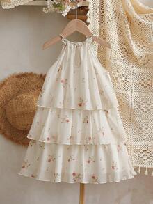 SHEIN Elladie kids Đầm công chúa dáng chữ A không tay, cổ bèo nhún bằng vải lưới kiểu Mori ngọt ngào cho bé gái. - trắng - Xem 2
