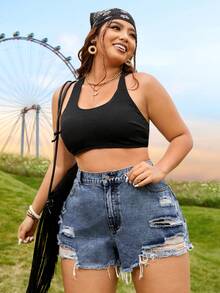 SHEIN EZwear Plus Size Women Summer Casual Daily Commute Fashion Street Ripped Frayed Hem Denim Shorts - Dusty Blue - View 1