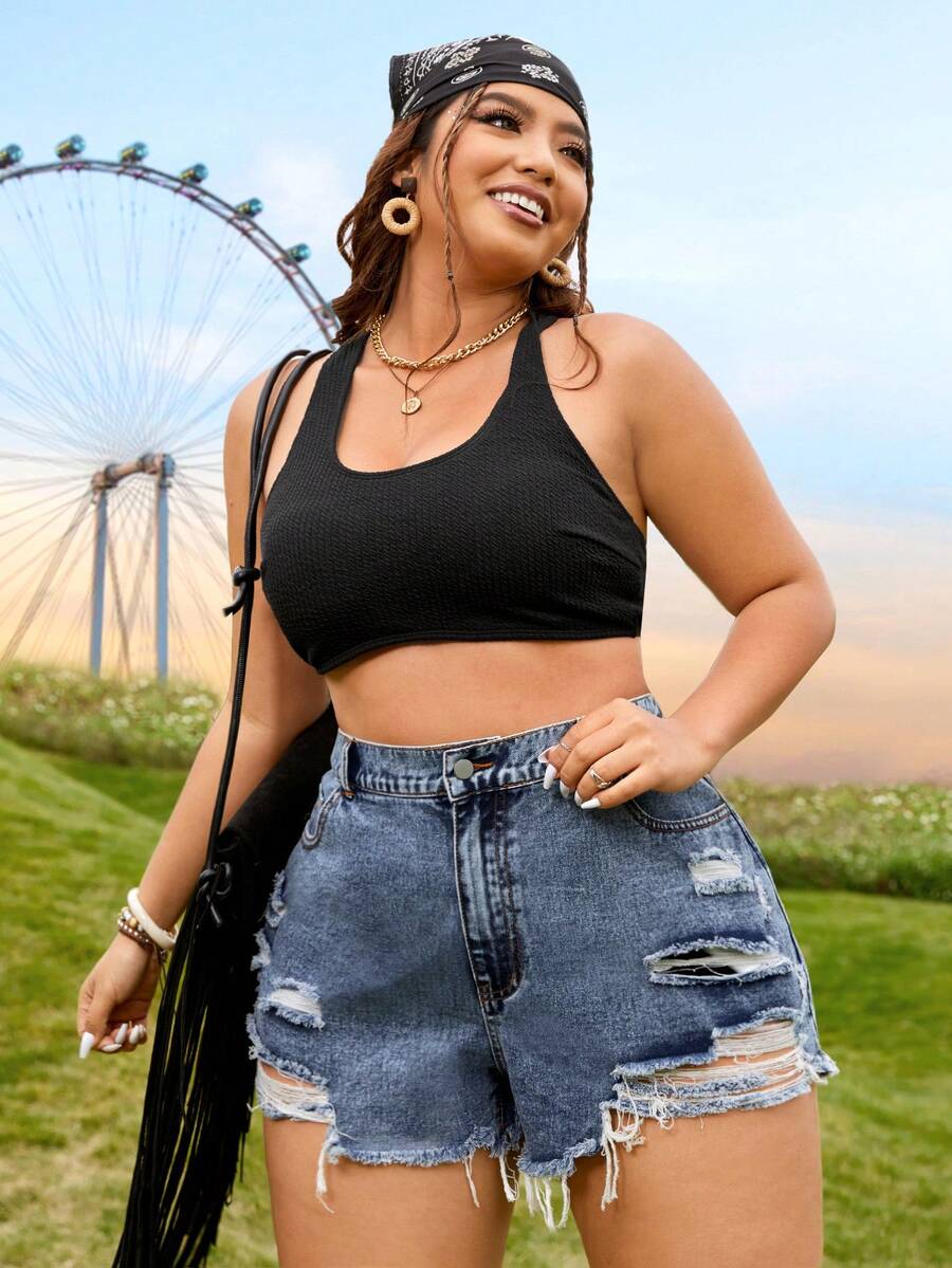 SHEIN EZwear Plus Size Women Summer Casual Daily Commute Fashion Street Ripped Frayed Hem Denim Shorts - Dusty Blue - View 1