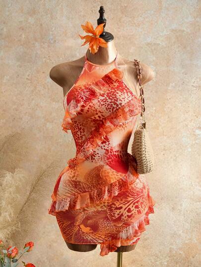 BamGleam 女士扎染镂空度假连衣裙