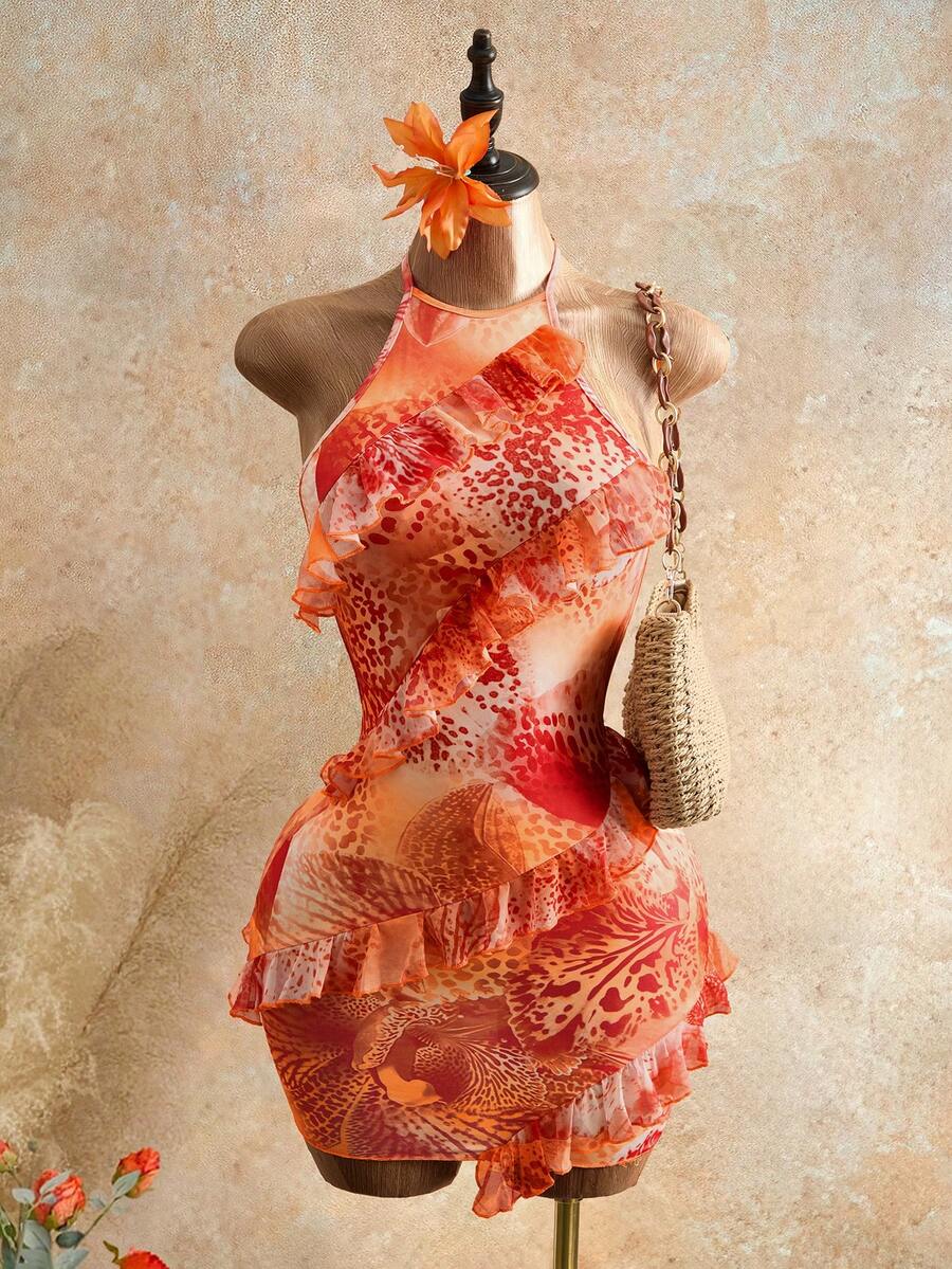 BamGleam Đầm nghỉ mát nữ nhuộm tie-dye khoét rỗng - trái cam - Xem 1