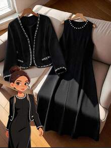 GlowEve CURVE 大码女式两件套：优雅黑色撞色珍珠串珠饰边 V 领长袖开衫夹克和圆领珍珠缀饰长裙，适合秋冬休闲、工作、派对 - 黑色 - 查看 1