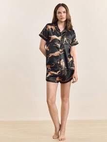 Hourtrue [Dreamery]Conjunto de pijama de mujer con estampado de leopardo, popelina, manga corta y pantalones cortos para el verano - Negro - Ver 3