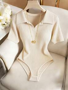 Franclia 休闲连体衣、优雅连体衣、夏季连体衣、沙滩连体衣、度假连体衣、翻领短袖毕业连体衣 - 米色 - 查看 1