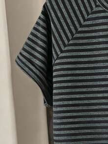 少女休闲经典黑灰条纹落肩宽松短袖T恤套装，带口袋，百搭实用，适合夏季穿着，个性化T恤短裤套装，休闲舒适，适合家庭出游，优雅装扮，返校必备，易于穿搭，休闲运动，基础款，日常时尚童装 - 彩色 - 查看 3