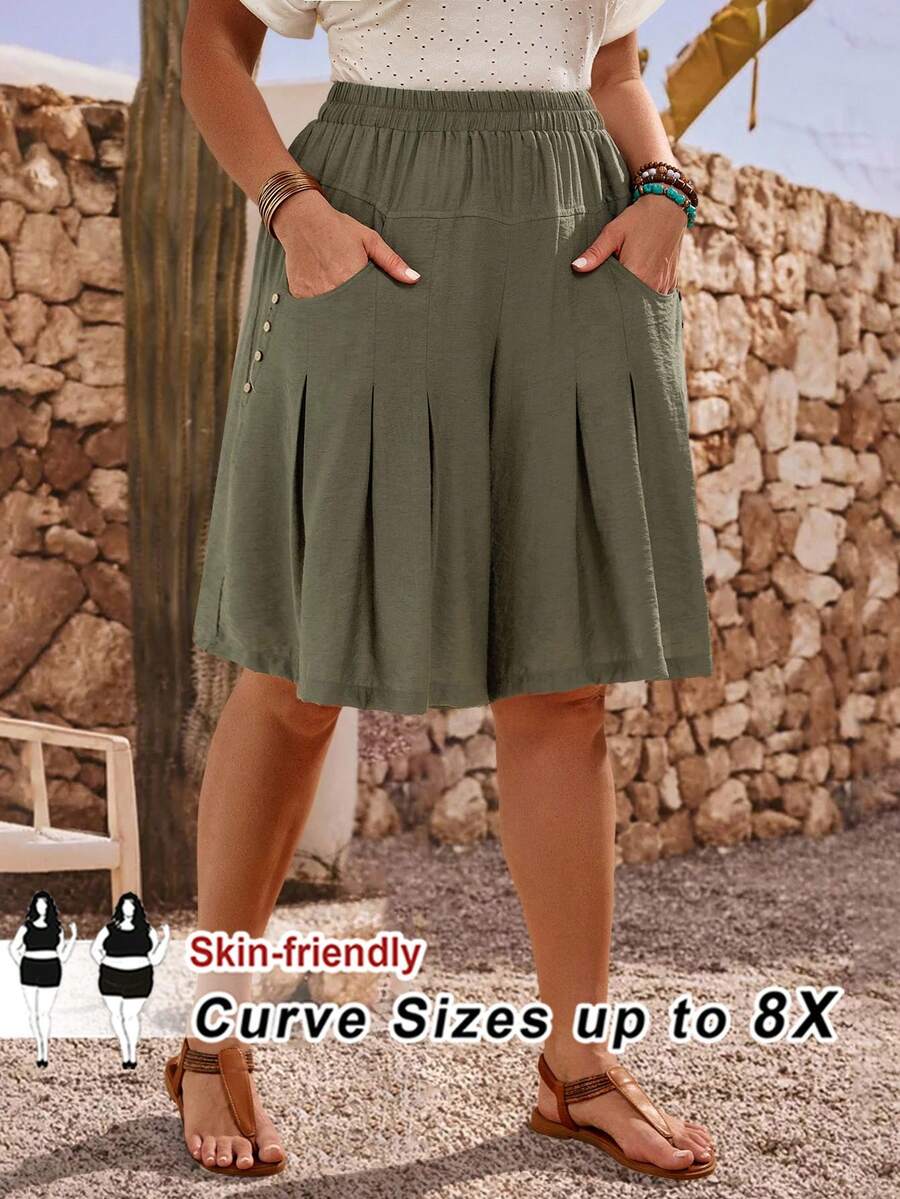 SHEIN CURVE+ Curve 尺码 US22 音乐节、海滨度假、波西米亚风多功能纯色休闲短裤，简约时尚，适合夏季、休闲度假风、休闲度假装扮、夏季时尚、女士夏季服装、母亲节服装、乡村音乐会服装、女士波西米亚风服装、女士西部风服装、女士度假装扮、女士夏季服装、女士大码服装、商务休闲女装、女士夏季服装、女士大码服装、正装 - 綠色 - 查看 1