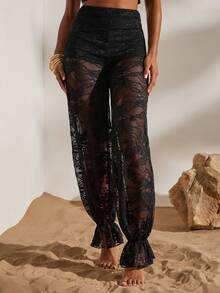 Opulessa 新款蕾丝灯笼裤，抽绳设计，优雅时尚，女士必备 - 黑色 - 查看 1