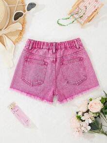 SHEIN Quần short denim rách gấu, cạp thấp, kiểu dáng Y2K dành cho bé gái tuổi teen, thích hợp cho kỳ nghỉ xuân hè, phong cách boho, đi biển, dự tiệc, lễ hội, tiệc tùng mùa hè, tiệc brunch và lễ tốt nghiệp. - Hồng - Xem 2
