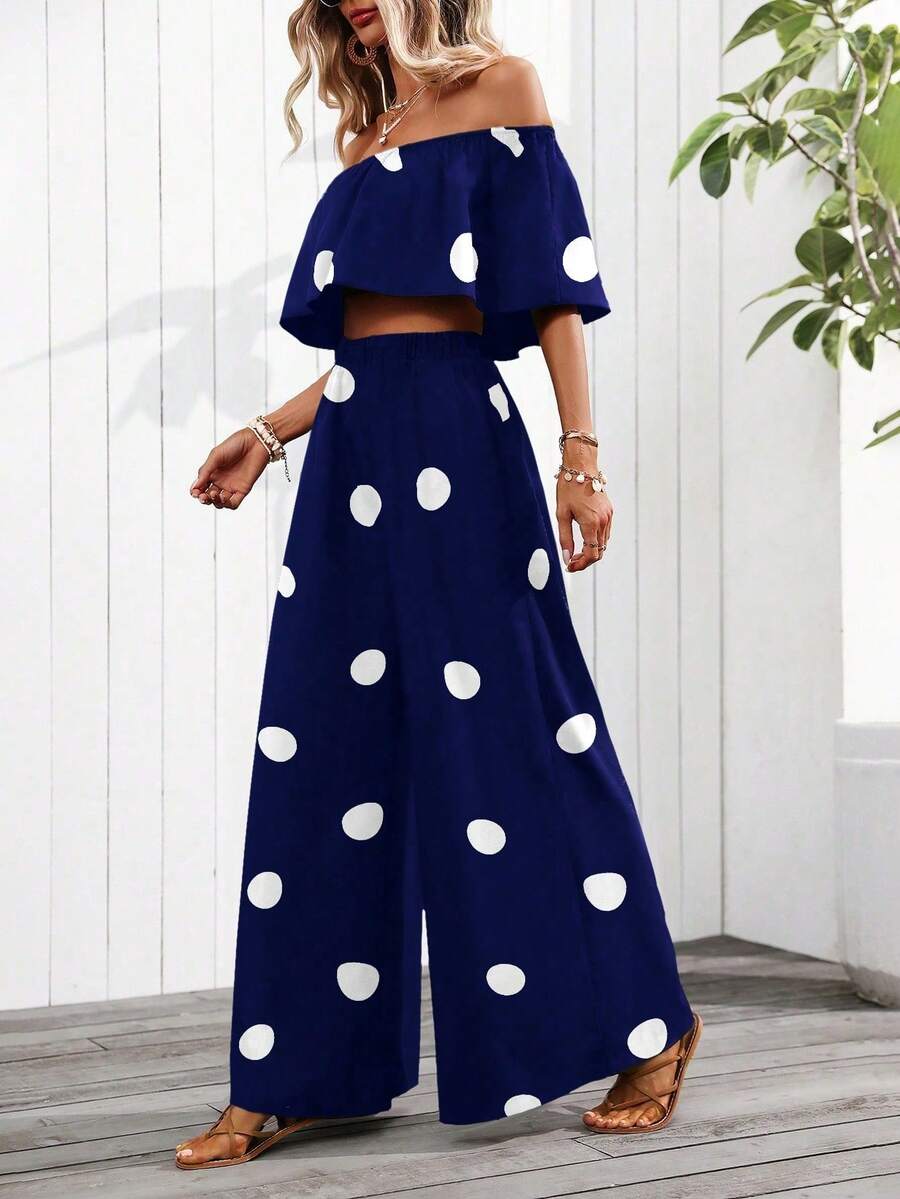 EMERY ROSE 1 Set Off-Shoulder Polka Dot Print Top & Pants (Floral Pattern Irregular Cut) - Navy Blue - View 1