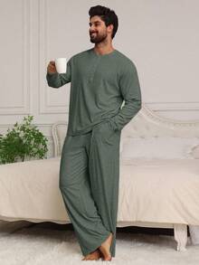 DAZY Men's Long Sleeve Top And Pants Loungewear Set, Autumn - Green - View 3