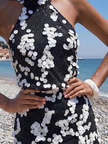 Nevyona 女士高领露背荷叶边亮片紧身迷你连衣裙 - 黑色 - 查看 3