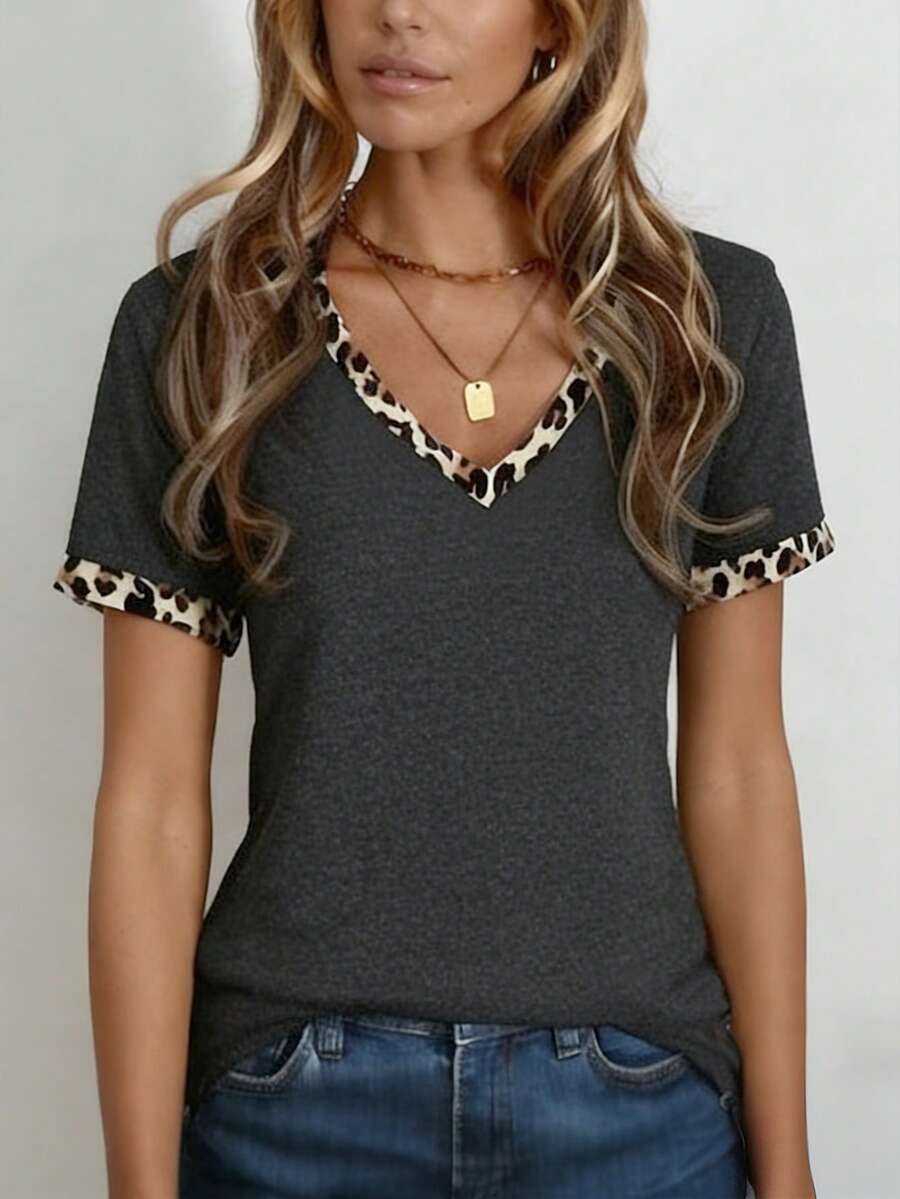 EMERY ROSE Damen Lässig T-Shirt mit tiefem V-Ausschnitt, klassische Silhouette, hohe Elastizität, Leoparden-Muster Kontrastfarbe, Frühling/Sommer süße Oberteile für Frauen Damen Kurzarm Oberteile Oberteile für Frauen Blusen für Frauen Neueste Oberteile für Frauen