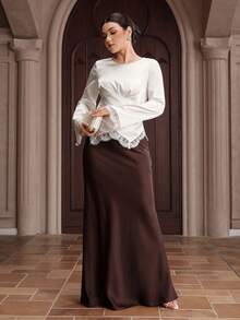 Graceveil Áo sơ mi nữ cổ tròn phối ren, kiểu dáng thường ngày, đa năng. - Màu be - Xem 3