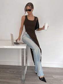 Siren Gaze New Spring/Summer Sleeveless Vest With Extra Long Side Slit, Edgy Dark Style For Women,Summer Top - Brown - View 4
