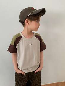 DAZY Áo thun dài tay cổ tròn phối màu đa năng, kiểu dáng thường ngày, dành cho bé trai (size nhỏ) - Màu Khaki - Xem 6