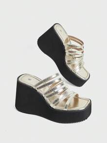 Sugerpunk Dép xăng đan mùa hè mới dành cho nữ, mũi vuông, gót dốc, đế dày, giúp tăng chiều cao, chỉ cần đi một chân. - Vàng - Xem 4