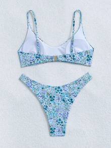 Swim Mod 2件套女士彩色随机印花可爱夏季沙滩度假比基尼套装，比基尼另类沙滩装，女士收腹度假装，女士比基尼游艇装，Zestiva泳装女士沙滩装比基尼两件套 - 藍色 - 查看 3