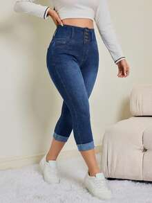 SHEIN Tall 大码女式高腰弹力牛仔七分裤，修身高腰三扣收腹牛仔裤，夏季休闲女式高腰口袋纽扣休闲百搭日常牛仔裤 - 深色水洗藍 - 查看 5