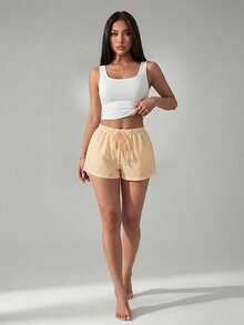 SHEIN PETITE Quần short nữ kẻ sọc cạp thấp, thích hợp cho kỳ nghỉ hè và đi biển. - Màu vàng - Xem 4