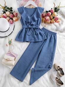 SHEIN Bộ 2 quần dài cổ chữ V thanh lịch cho bé gái, viền bèo nhún, kèm thắt lưng. - Màu xanh lam - Xem 3