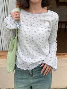 FRIFUL 女士花卉纽扣荷叶边长袖T恤，适合夏季外出和度假穿着，可爱又时尚。 - 白色 - 查看 5