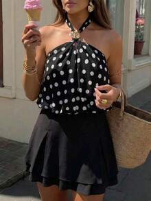 Auralis Áo camisole cỡ lớn thanh lịch in chấm bi trang trí kim loại - màu đen - Xem 7