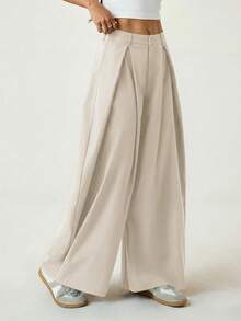 SHEIN PETITE Quần dài nữ mùa hè kiểu vintage năng động, phong cách đường phố, dáng rộng, màu xanh quân đội, ống loe, gấu quần cong. - Màu be - Xem 8